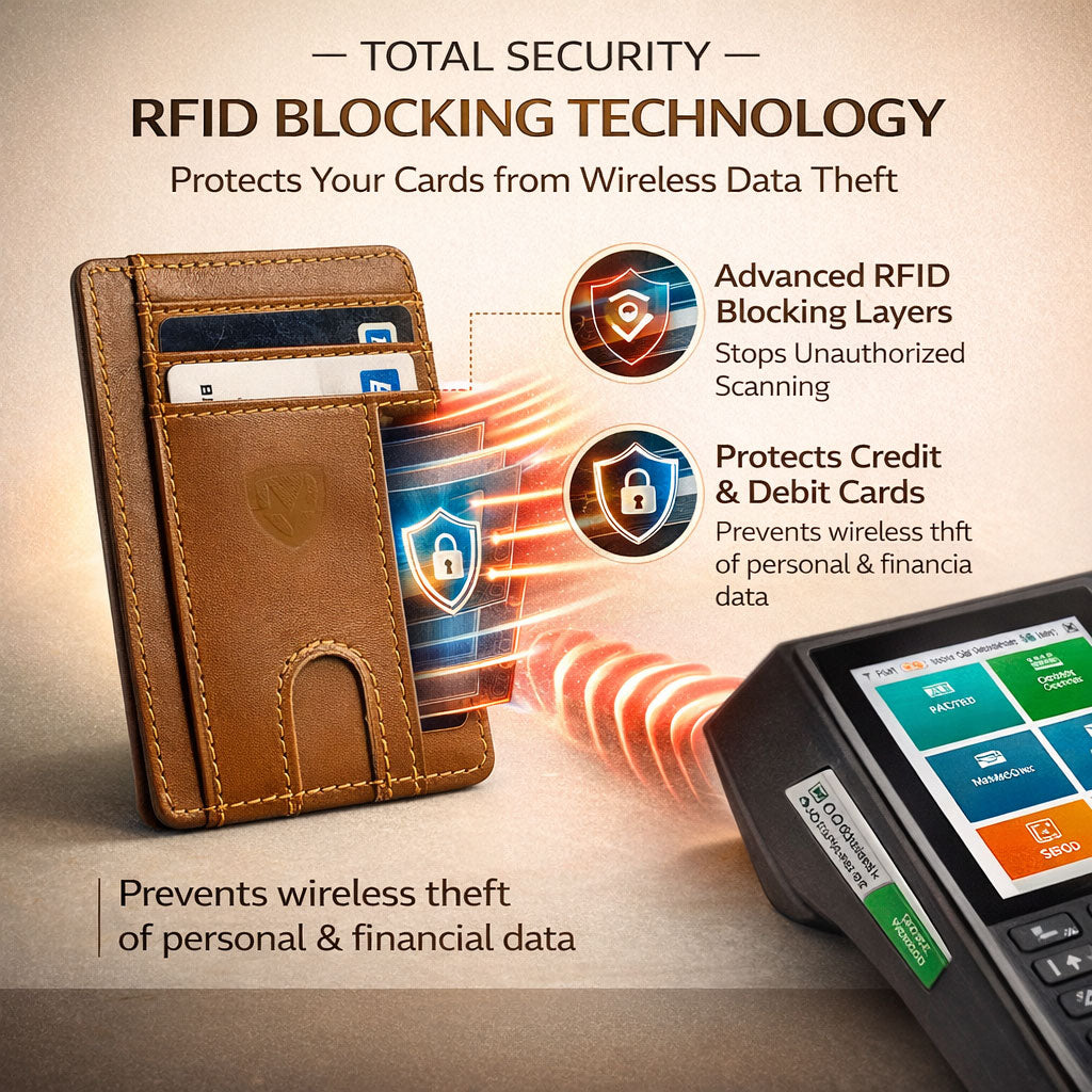 Brown Leather wallet with cards inside, displaying RFID blocking technology features.