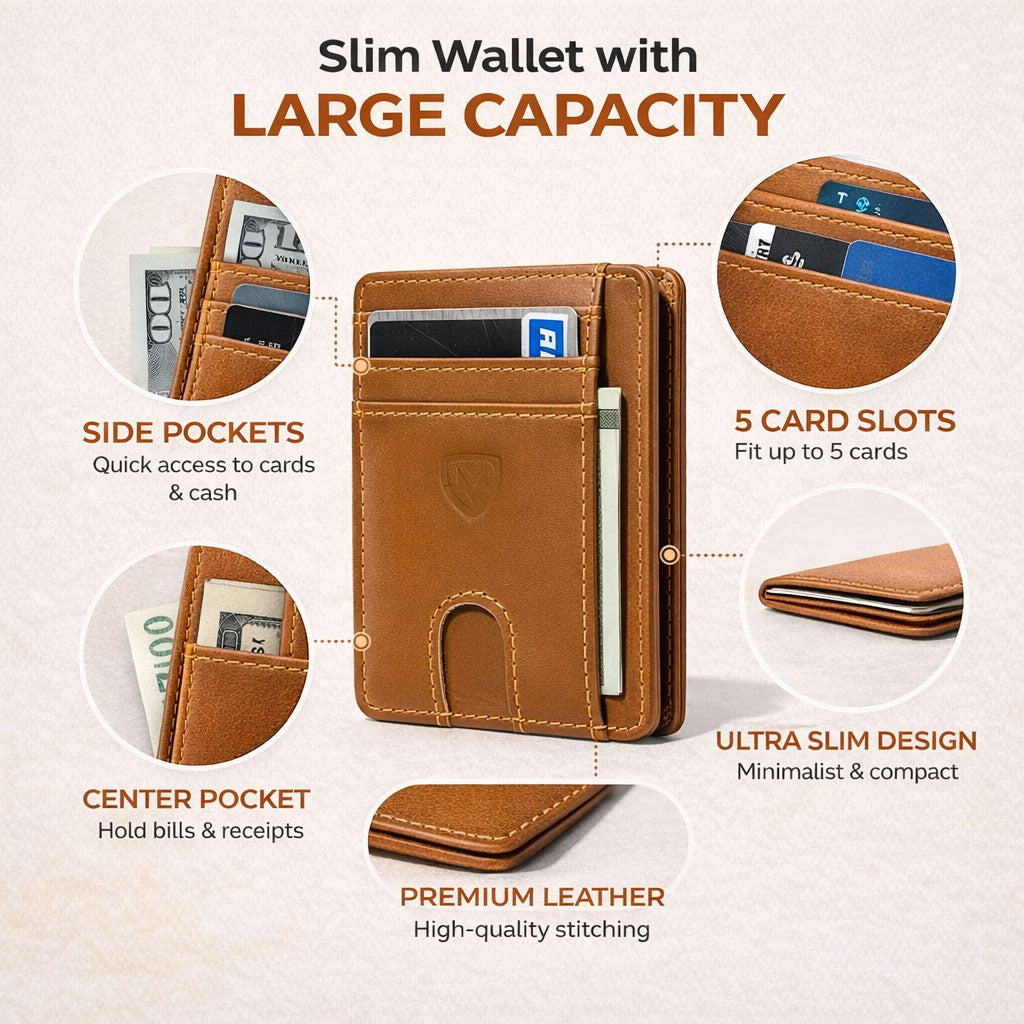 Brown slim wallet with side pockets, 5 card slots, premium leather and ultra slim design