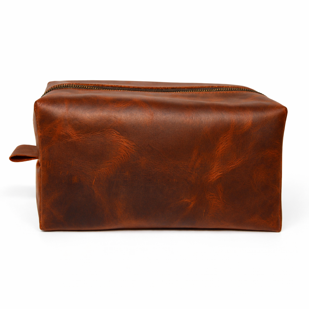 Leather travel organizer for men vintage toiletry bag with zipper closure