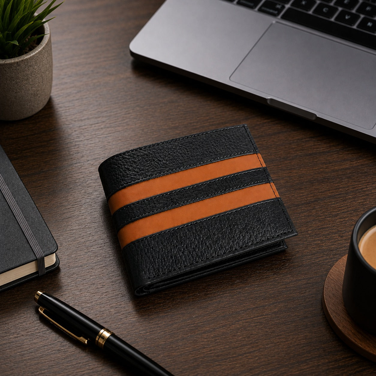 lassic Black Wallet with Tan Accent Stripes