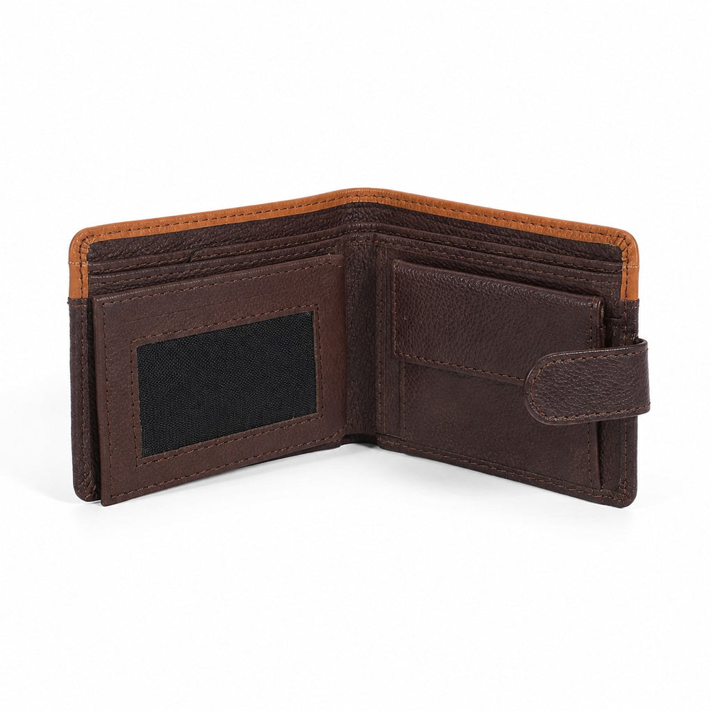 Premium Men's Leather Bifold Wallet – Button Closure | Coin Pocket | Card Holder | Brown