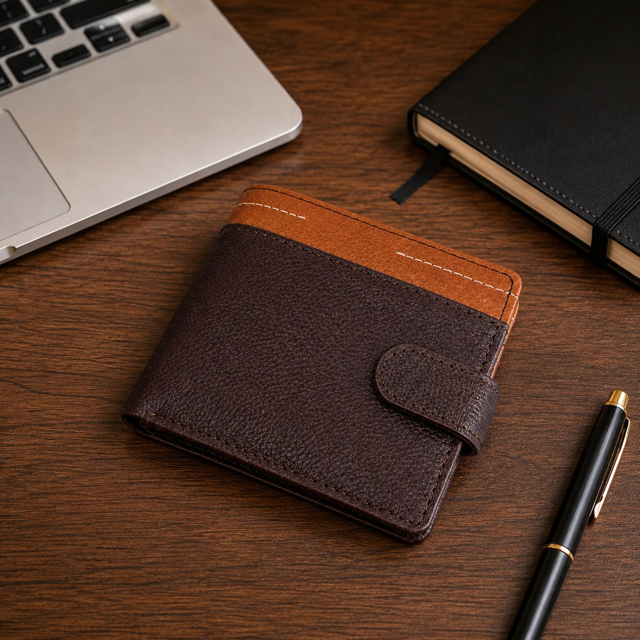 Premium Men's Leather Bifold Wallet – Button Closure | Coin Pocket | Card Holder | Brown