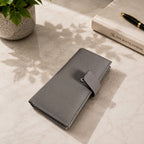 Premium Leather Long Wallet for Men – Button Closure | Card Holder | Zip Pocket | Brown & Grey