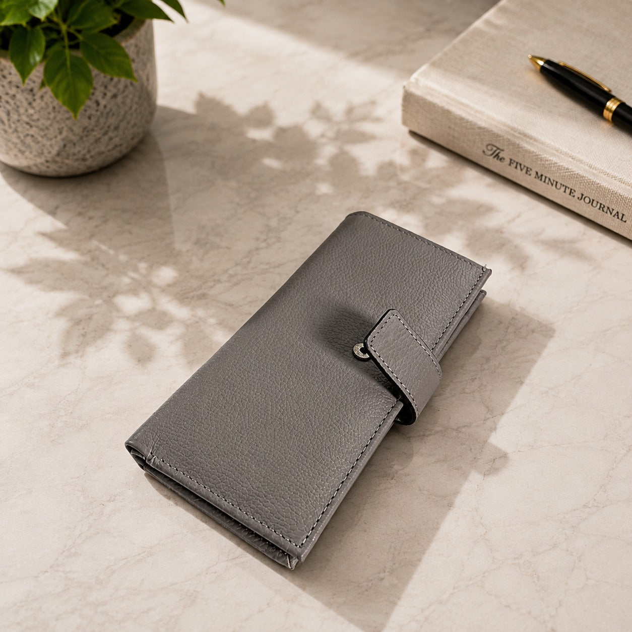 Premium Leather Long Wallet for Men – Button Closure | Card Holder | Zip Pocket | Brown & Grey