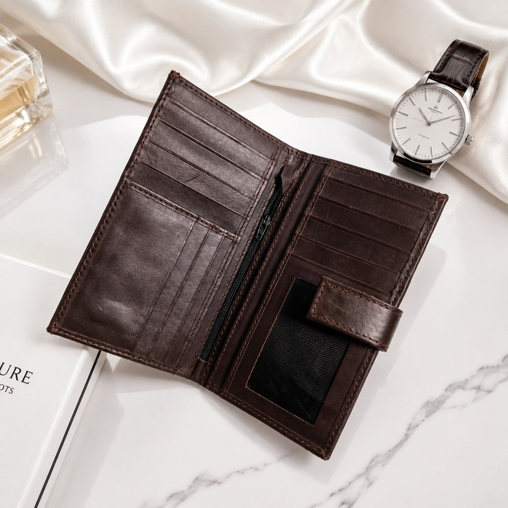 Premium Genuine Leather Long Wallet for Men – Dark Brown | Button Closure | Card Holder & Cash Wallet