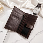 Premium Genuine Leather Long Wallet for Men – Dark Brown | Button Closure | Card Holder & Cash Wallet