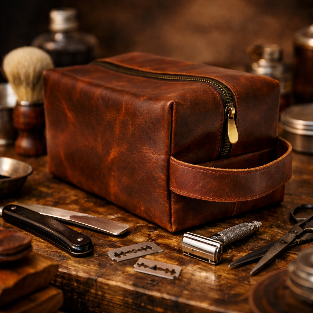 Vintage dopp kit for men compact leather toiletry bag for travel use