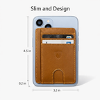 Brown leather phone wallet attached to a phone with dimensions displayed